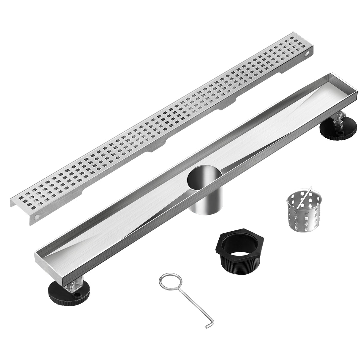 Linear Shower Drain, Shower Drain with Removable Grate Cover, Professional AISI 304 Stainless Steel Shower Floor Drain, Linear Drain with Hair Catcher and Leveling Feet