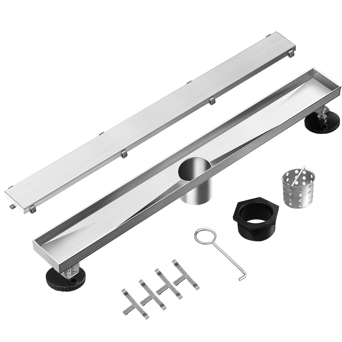 Linear Shower Drain, Drain with Tile Insert 2-in-1 Panel, Brushed 304 Stainless Steel Shower Floor Drain, Linear Drain with Hair Strainer and Adjustable Feet