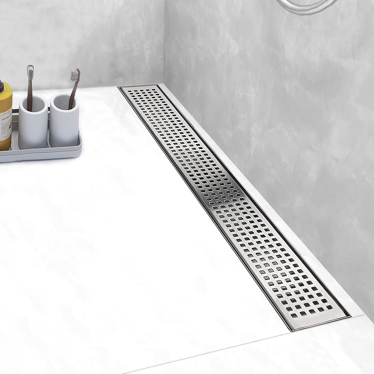 Linear Shower Drain, Shower Drain with Removable Grate Cover, Professional AISI 304 Stainless Steel Shower Floor Drain, Linear Drain with Hair Catcher and Leveling Feet