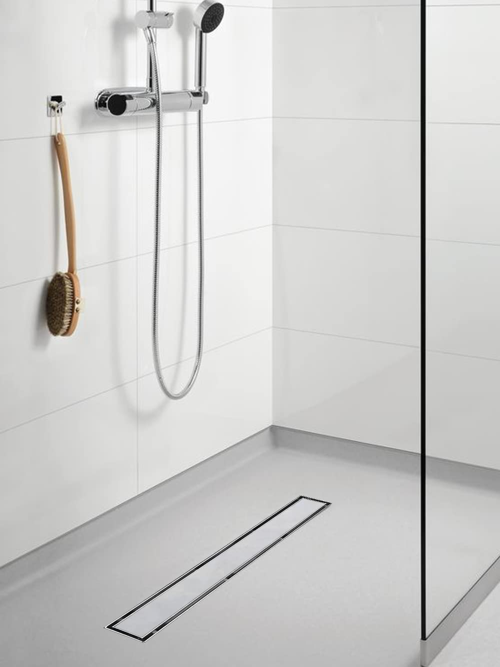 Linear Shower Drain, Drain with Tile Insert 2-in-1 Panel, Brushed 304 Stainless Steel Shower Floor Drain, Linear Drain with Hair Strainer and Adjustable Feet